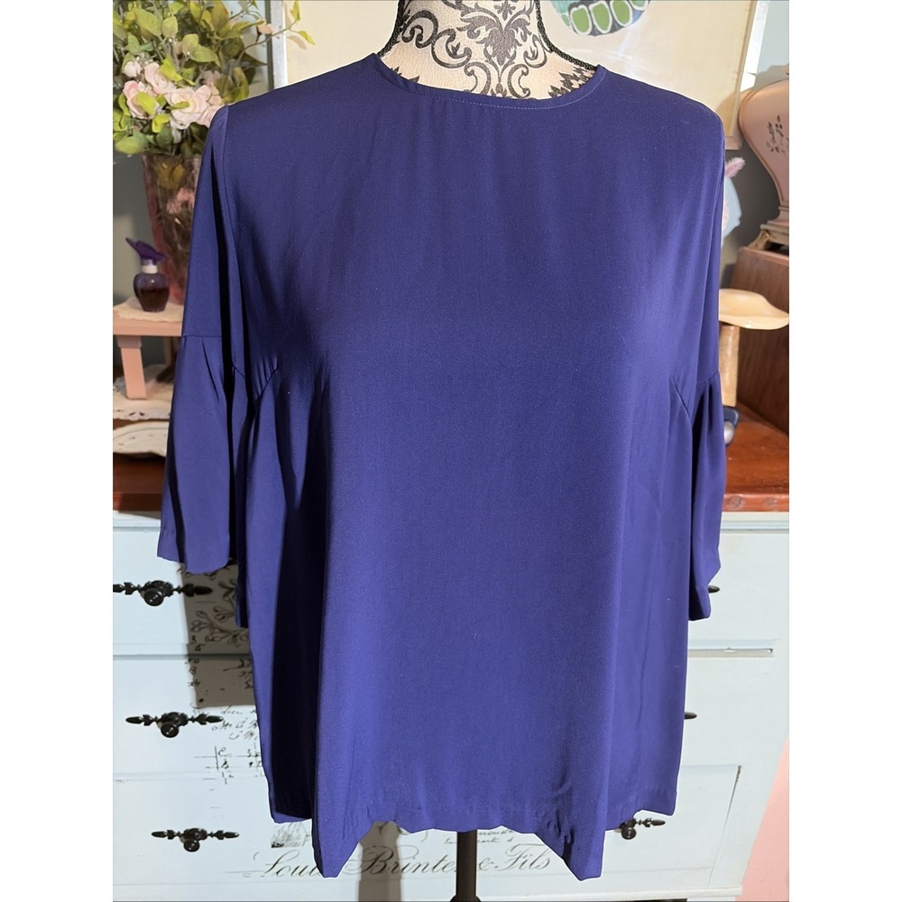 Jade Navy Blue Boutique Ruffle Sleeve Blouse Sz Large
